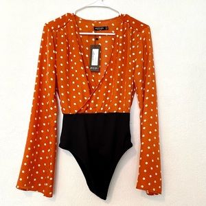 Nasty Gal Orange Polka Dot Long Sleeve Bodysuit - UK 8 / US 6